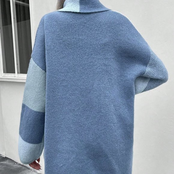 Blue Casual Womens Color Block Drop Shoulder Duster Cardigan - Picture 2 of 5